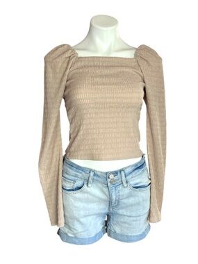 H&M Beige Smocked Puff Sleeve Crop Top XS Cottagecore Neutral